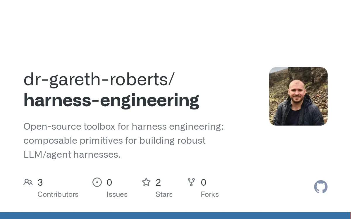 GitHub card for dr-gareth-roberts/harness-engineering: “Open-source toolbox for harness engineering: composable primitives for building robust LLM/agent harnesses.”