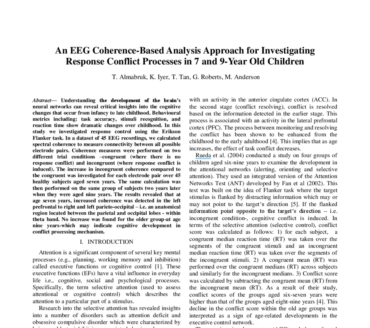Opening page of the IEEE EMBC paper on EEG coherence and response conflict in children.