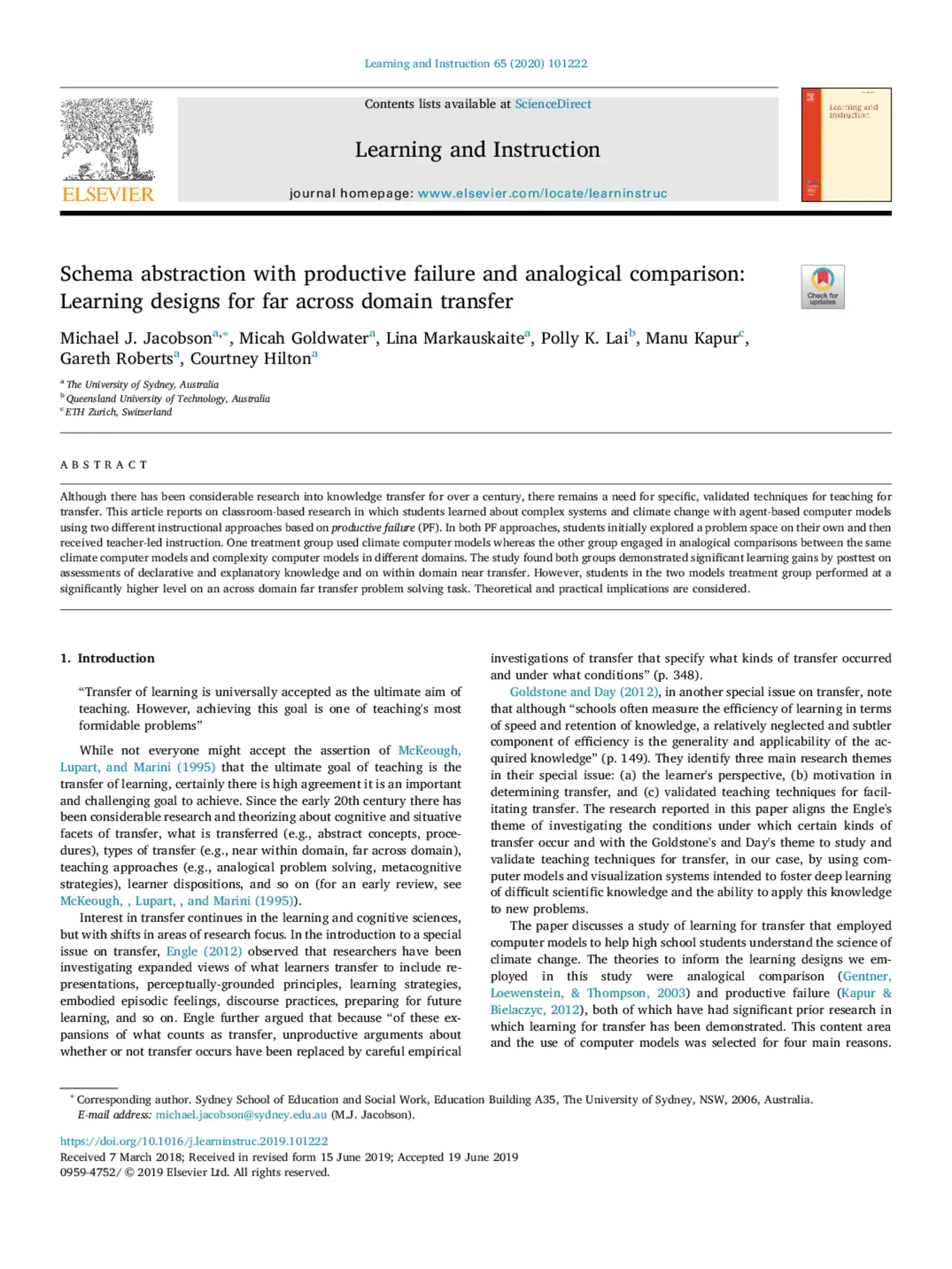 First page of the Learning and Instruction article on schema abstraction and productive failure.