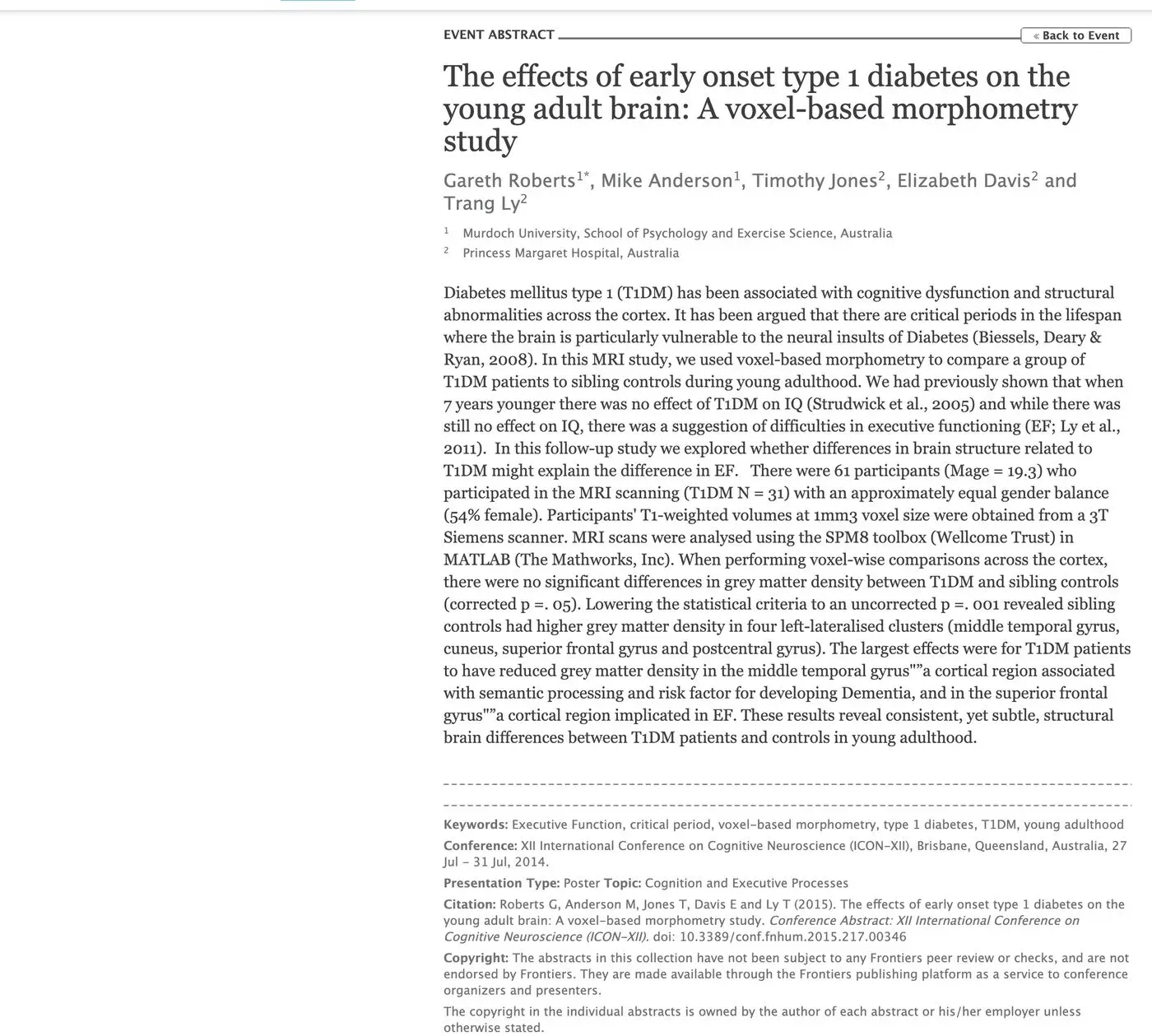 Published Frontiers event abstract on early-onset type 1 diabetes and the young adult brain.
