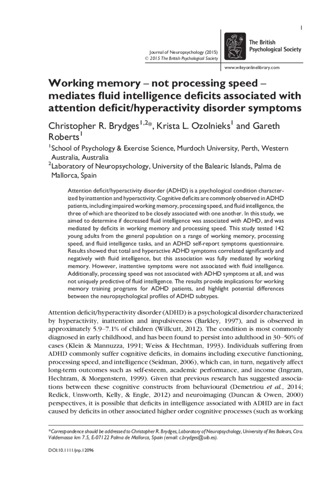 First page of the Journal of Neuropsychology article, with the title, authors, and abstract.