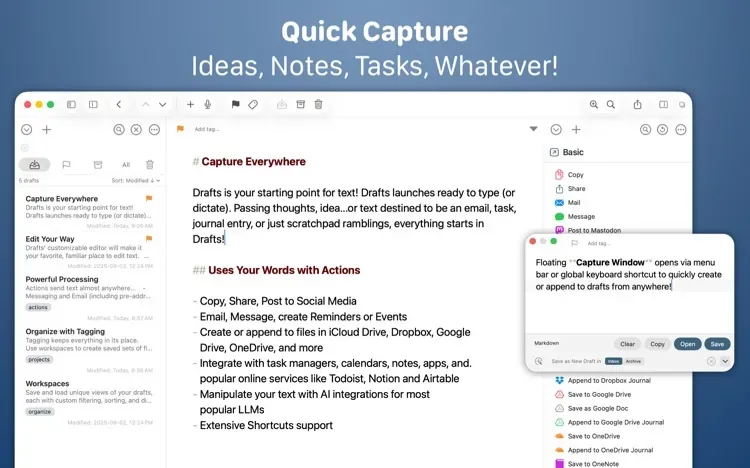 Drafts on the Mac with a draft list, a markdown note about capture, an actions sidebar, and a floating capture window.