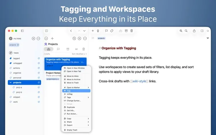 Drafts showing tag filters, a projects workspace, and a markdown note about tagging and wiki-style links.