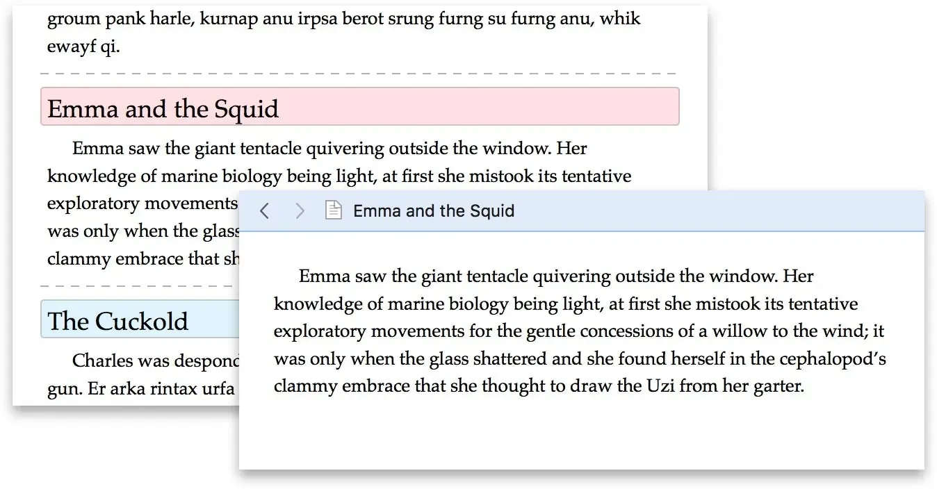 Scrivenings view joining two scenes, Emma and the Squid and The Cuckold, into one scrolling text.