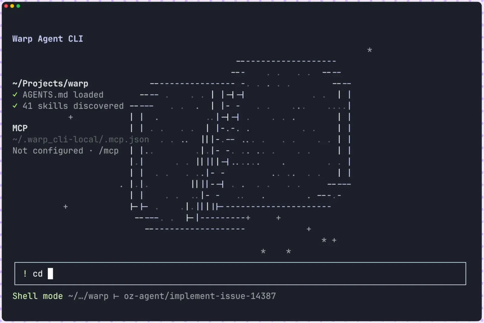 Warp Agent CLI in a dark terminal, reporting AGENTS.md loaded and 41 skills discovered, with a shell prompt below.