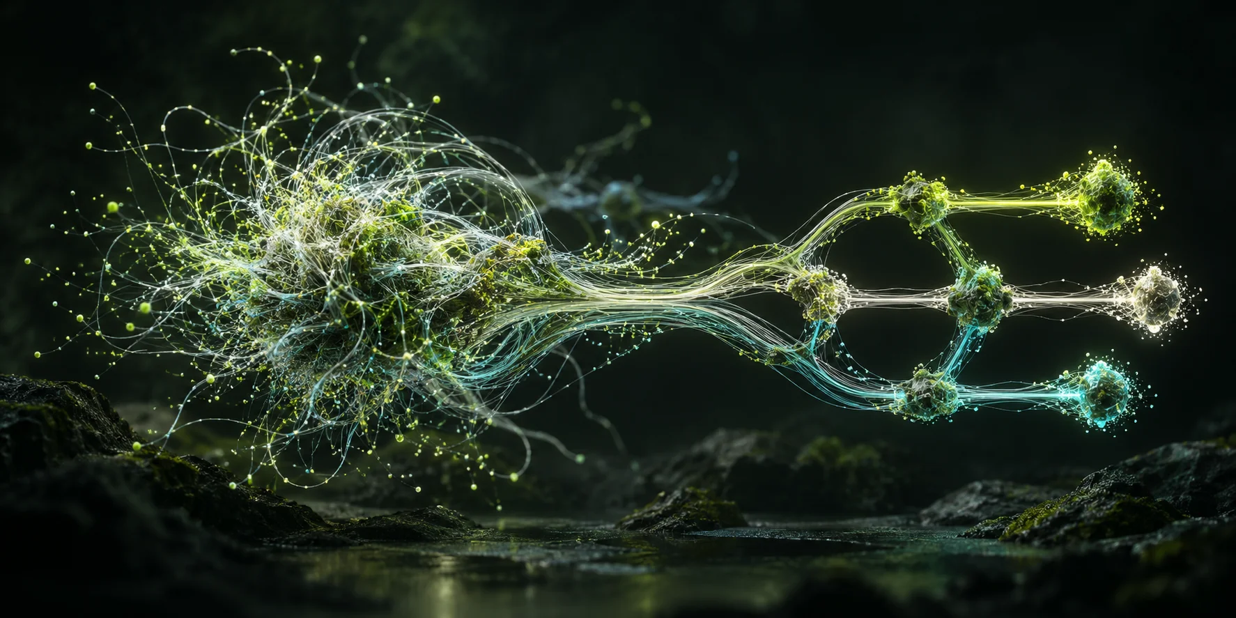 Luminous green, cyan and white filaments gather from an organic tangle into three structured, connected paths.
