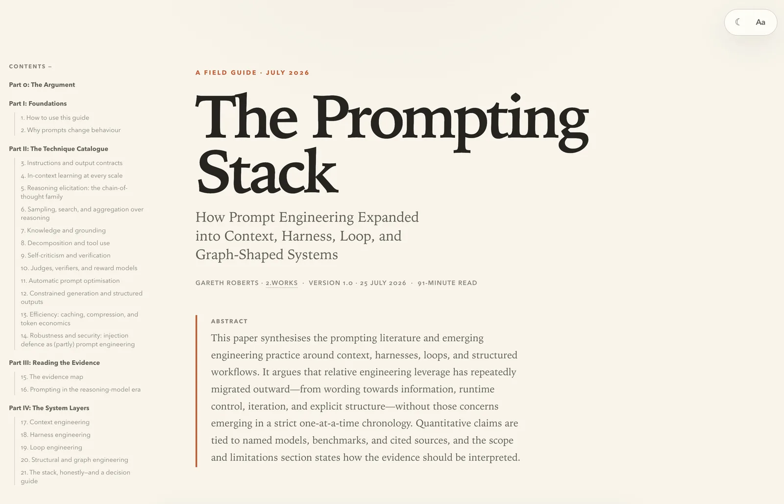 The Prompting Stack field guide, open on its title and abstract.