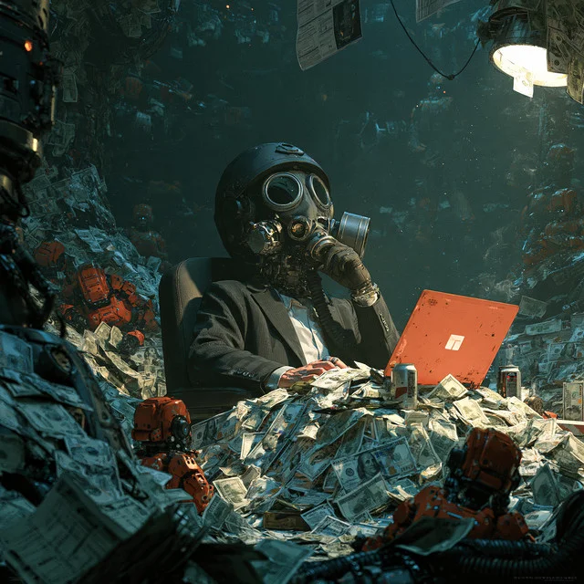 A figure in a dark suit, helmet and gas mask sits at an orange laptop behind a heap of banknotes and drink cans, lit by a single work lamp, with small orange robots half-buried in the paper around him.