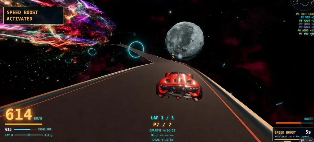 Speed boost active at 614 km/h on a narrow space track, with a coloured nebula to the left and a moon ahead.