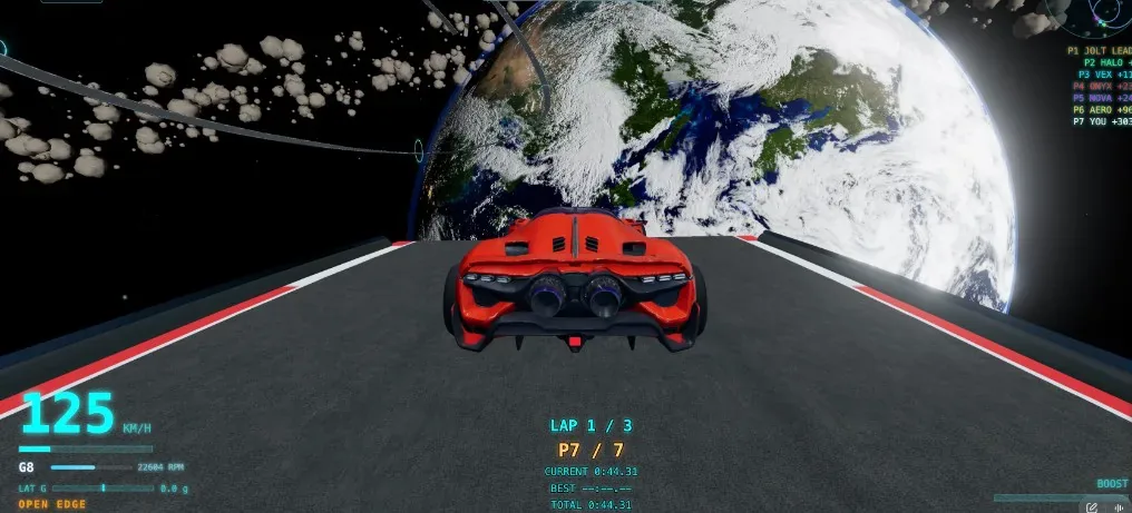 The red car on an open-edged track facing Earth, with an asteroid field to the left and the HUD reading 125 km/h.