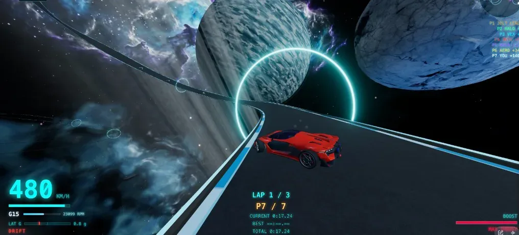 A red car drifting through a glowing ring on a space circuit at 480 km/h, with a cracked blue planet ahead and the HUD showing lap 1 of 3 in seventh place.