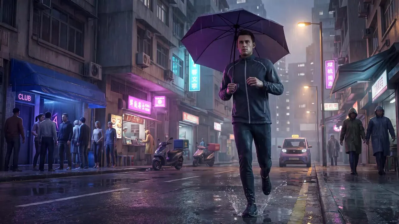 A courier in a dark jacket running through rain with a purple umbrella, past a neon club and a noodle stall on a wet street.