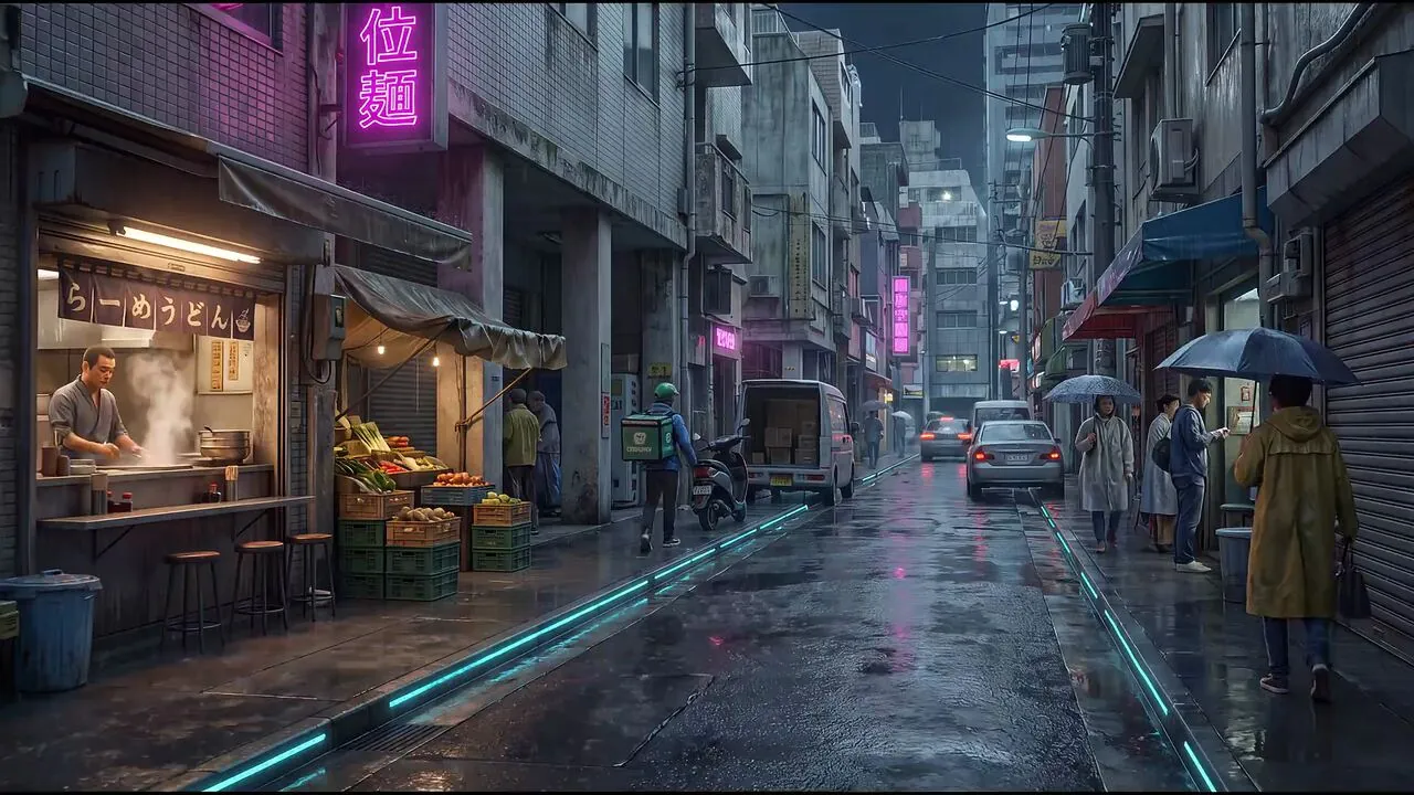 A rainy night alley with a noodle stall, a courier walking away, and cyan light strips along the wet pavement.