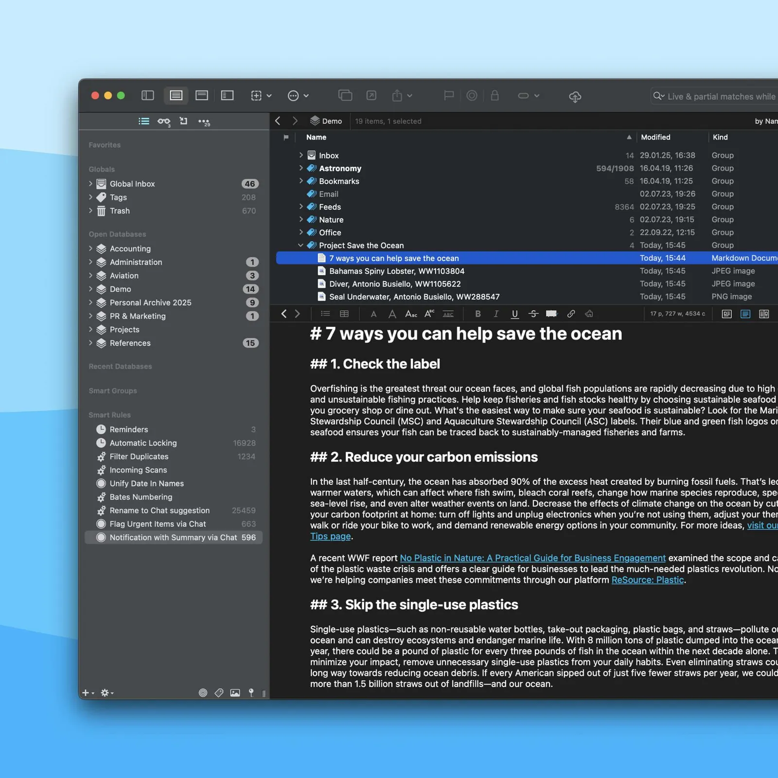 DEVONthink with a sidebar of databases and smart groups, a file list, and a markdown article open underneath.