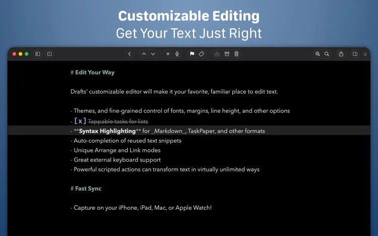 Drafts editor in a dark theme with markdown syntax highlighting, including a highlighted line about Markdown and TaskPaper.