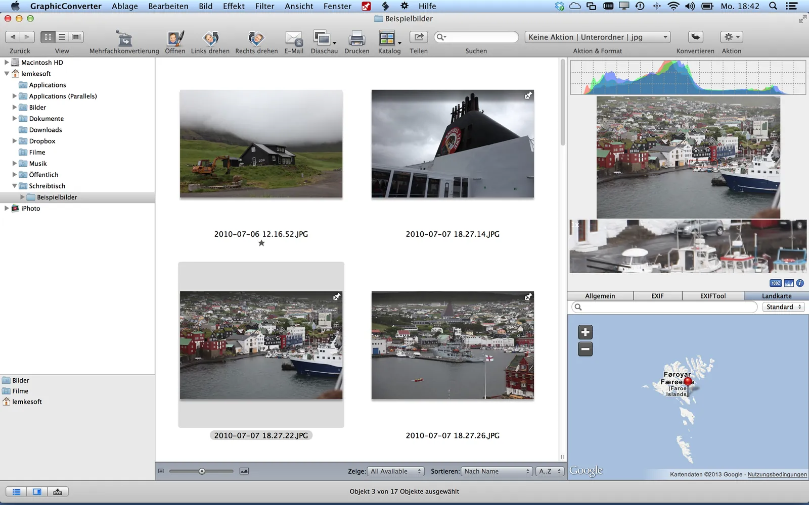 GraphicConverter browsing a folder of Faroe Islands photographs, with a histogram, a preview, EXIF tabs, and a map marking the Faroe Islands.