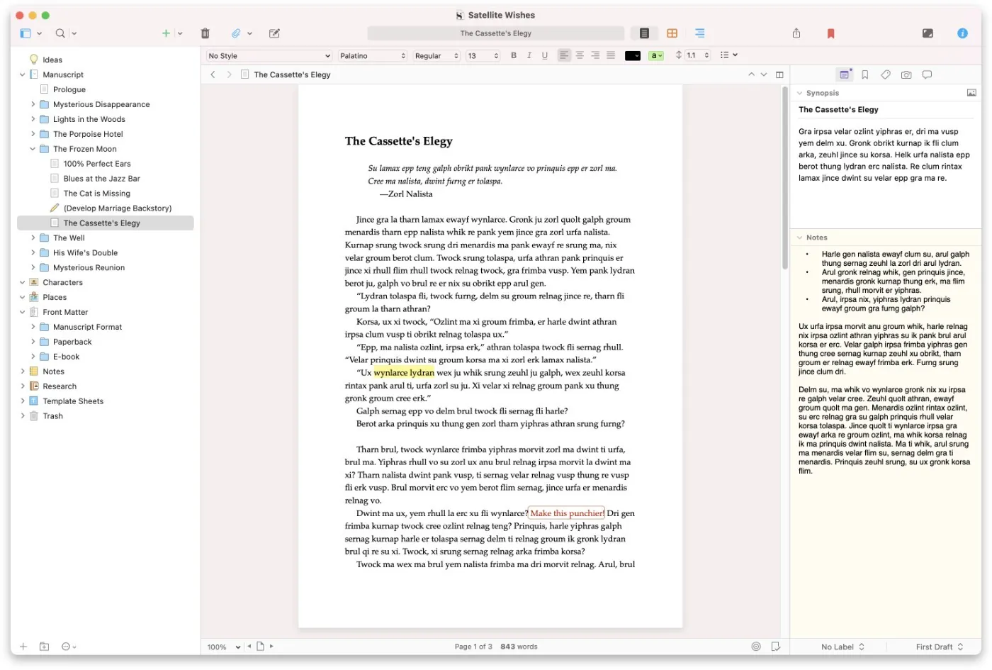 Scrivener with a binder of manuscript sections, a page titled The Cassette's Elegy, and synopsis and notes in the inspector.