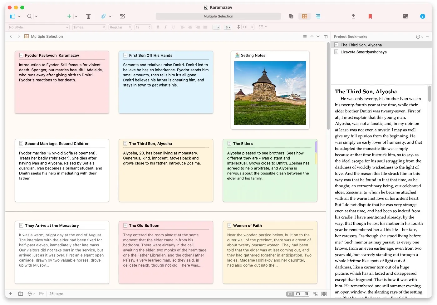 Scrivener corkboard of index cards for The Brothers Karamazov, with synopses and the text of The Third Son, Alyosha open on the right.