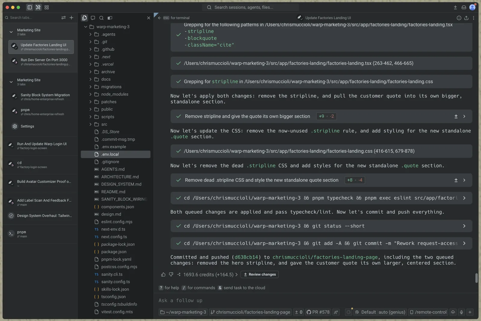 Warp terminal with a file tree, a session list, and a block-by-block agent edit that greps, patches CSS, typechecks, and commits.